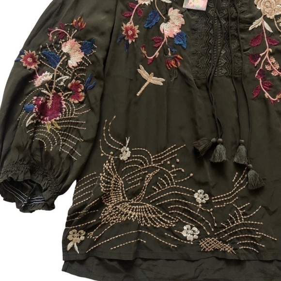 JOHNNY WAS silk Heavily Embroidered FREJA Tassel Peasant Blouse NWT - Picture 4 of 11